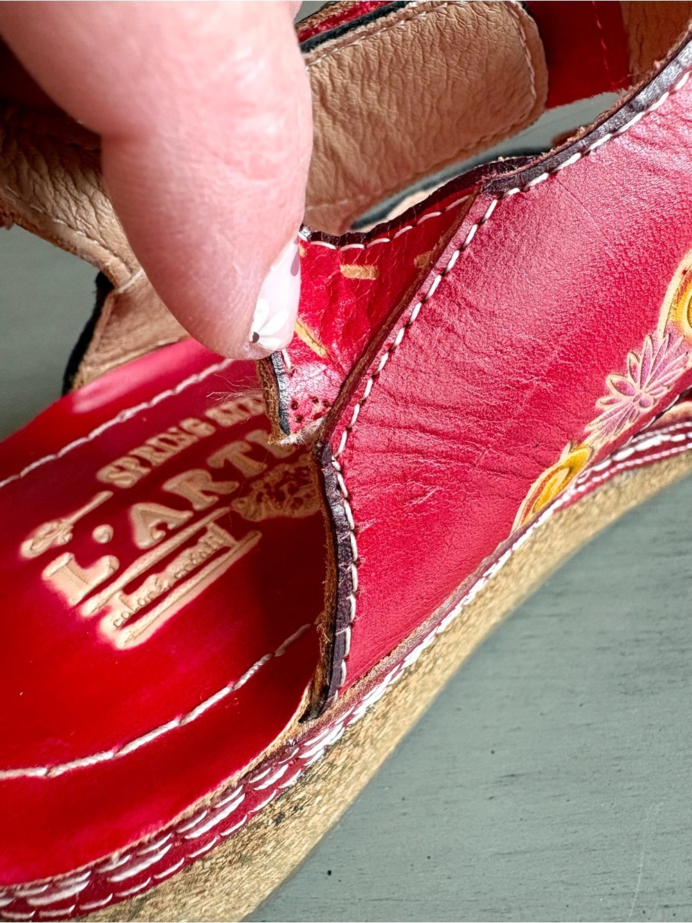 L'Artiste Spring Step Lanaffi Red Leather Embossed Wedge Sandal Sz 36 (US 5.5/6) - Picture 11 of 15